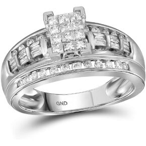 خاتم ألماس من الذهب الأبيض عيار 10 قيراط للخطوبة والزفاف للسيدات سوليتير على شكل زمرد في المنتصف غير مرئي، خاتم ألماس مستدير وقطع باغيت 6 مم (1/2 قيراط) in Kuwait