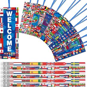 Supervitae 90 Pcs/ 30 Sets International World Flags Party Favor Include 60 Flags of Nations Bookmark 30 Pencil for Travel Trip Around Globe Party School Sports Event Festival Decor in Kuwait