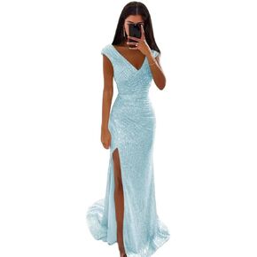 Sequin Mermaid Long Prom Dresses 2026 for Teens Sparkly V Neck Ruched Formal Evening Gown with Slit WA044 in Kuwait