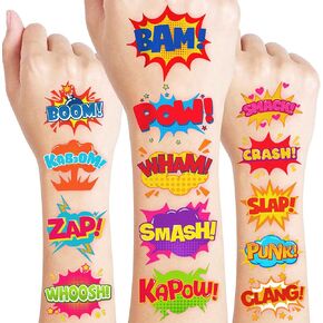 96 PCS Comic Pre-Cut Temporary Tattoos for Kids | Super Cute Pow Wow Boom Zap Themed Birthday Party Favors, Supplies, Decorations, Fake Tattoo Stickers, School Rewards Gifts for Boys & Girls in Kuwait