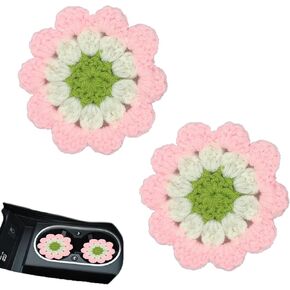 2Pcs Flower Coasters Crochet Cotton Car Cup Holder Coasters Cute Boho Car Accessories for Women Handmade Decorative Drink Mats for Cup Holders and Interior Decor in Kuwait