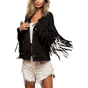 Womens Casual Fringe Jacket Boho Western Statement Button Up Black Tassel Detail Festival Streetwear in Kuwait
