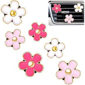 6 عبوات من مشابك فتحة تهوية السيارة مع 3 وسادات عطرية - ديكور فتحة تهوية على شكل زهرة الأقحوان للسيارة ومكيف الهواء المنزلي | الأبيض والوردي والذهبي الوردي | حامل معطر جو بلاستيكي آمن in Kuwait