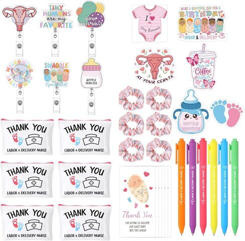 مجموعة هدايا ممرضات العمل والتسليم 36 قطعة من Geyoga تتضمن حقيبة مكياج، ملاحظات لاصقة، بطاقات ربطات شعر من الساتان، أقلام ممرضة، شارة، بكرة، هدايا OBGYN لشكر ممرضات العمل والتوصيل in Kuwait