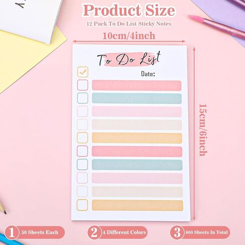 12 Packs to Do List Notepad, 600 Sheets Total – 4x6 Inch Colorful Sticky Notes for Office, Learning Places, Grocery & Daily Tasks – Fun & Practical Memo Pads for Coworkers, Friends, ADHD Organization in Kuwait