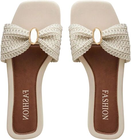 GORGLITTER Women's Crochet Metal Flat Sandals Square Open Toe Slip On Dressy 2026 Summer Beach Vacation Slides Shoses in Saudi Arabia
