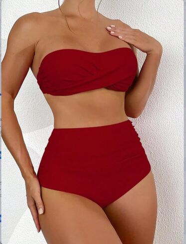 Classic Vintage Women's Swimwear, Sexy Solid Color Strapless Bikini Top, High Rise Shirred Bottom Two Piece Bathing Suit in Saudi Arabia
