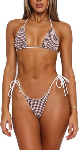 المرأة مثير القماش القطني مجموعة البكيني Y2K محكم منقوشة الرسن مثلث التعادل الجانب صفيق ثونغ 2 قطعة ثوب السباحة in Kuwait