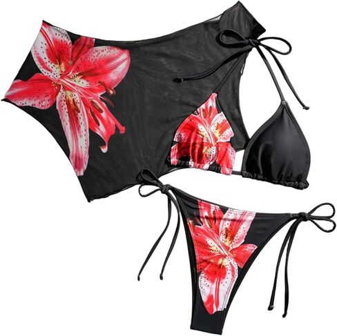Women' s 3 Piece Swimsuit Floral Flower Print Bikini Sexy Halter String Tie with Short Sleeve Cover Up Bathing Suit in Saudi Arabia