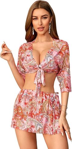 WDIRARA Women's 3 Pieces Paisley Print V Neck Tie Front Short Sleeve Bikini Swimsuit Bathing Suit in Saudi Arabia