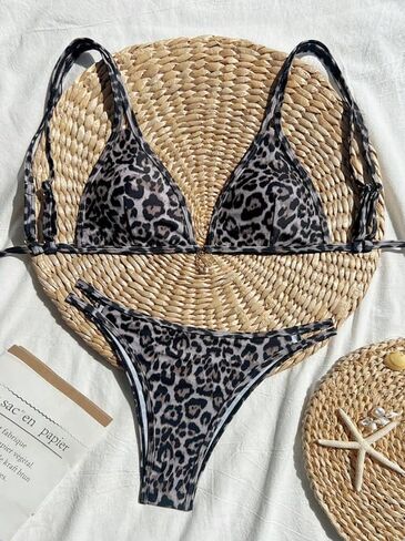 Women's Wild Leopard Print Triangle Bikini Set High Cut Thong Swimsuit Tie Side Two Piece Bathing Suit Beachwear. in Saudi Arabia
