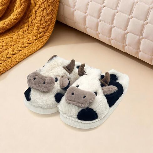 Toddler Cow Slippers Girls Cute Fluffy Cow Kids Anti-slip Kawaii Cartoon Cow Slippers Black in Saudi Arabia