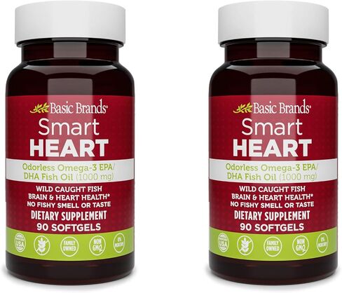 العلامات التجارية الأساسية Smart Heart زيت السمك أوميغا 3 عديم الرائحة 1000 ملغ - قوة ثلاثية EPA وDHA، غير معدلة وراثيًا، دعم للقلب والإدراك - 90 كبسولة هلامية بدون تجشؤ - عبوتان in Kuwait