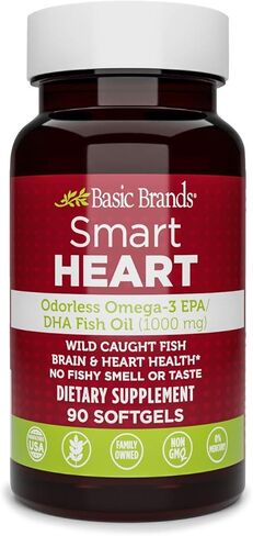 Basic Brands Smart Heart Odorless Omega-3 Fish Oil 1000mg - Triple Strength EPA & DHA, Non-GMO, Heart & Cognitive Support - 90 Burpless Softgels - 2-Pack in Saudi Arabia
