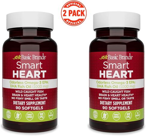 العلامات التجارية الأساسية Smart Heart زيت السمك أوميغا 3 عديم الرائحة 1000 ملغ - قوة ثلاثية EPA وDHA، غير معدلة وراثيًا، دعم للقلب والإدراك - 90 كبسولة هلامية بدون تجشؤ - عبوتان in Kuwait