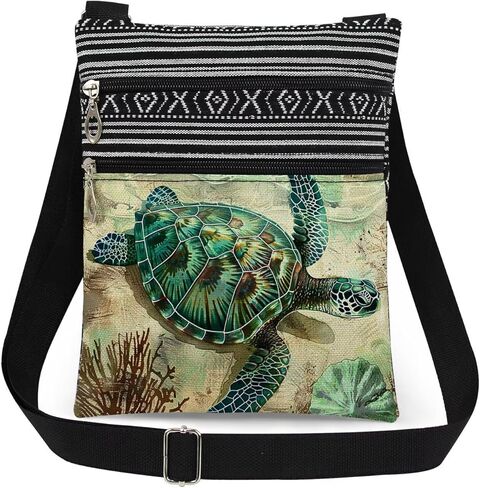 Retro Sea Turtle Crossbody Bag with Adjustable Strap Beach Shell Print Messenger Bag Travel Stylish Crossbody Purse Birthday Gift for Sea Turtle Lover Beach Vacation Present in Saudi Arabia