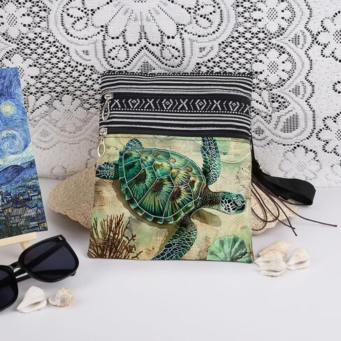 Retro Sea Turtle Crossbody Bag with Adjustable Strap Beach Shell Print Messenger Bag Travel Stylish Crossbody Purse Birthday Gift for Sea Turtle Lover Beach Vacation Present in Saudi Arabia