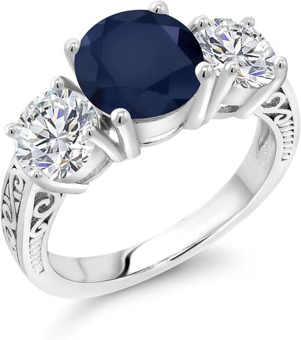 Gem Stone King 3.94 Cttw Blue Sapphire and Lab Grown Diamond 3-Stone Engagement Ring For Women | 925 Sterling Silver | Round 8MM | DEF Color | VVS-VS Clarity | Available In Size 5-9 in Saudi Arabia