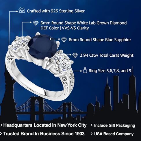Gem Stone King 3.94 Cttw Blue Sapphire and Lab Grown Diamond 3-Stone Engagement Ring For Women | 925 Sterling Silver | Round 8MM | DEF Color | VVS-VS Clarity | Available In Size 5-9 in Saudi Arabia
