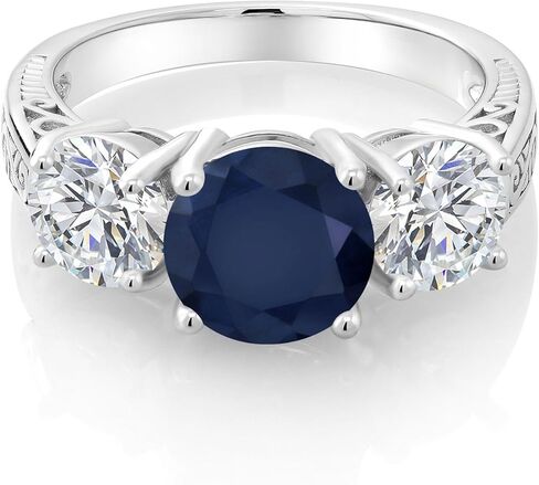 Gem Stone King 3.94 Cttw Blue Sapphire and Lab Grown Diamond 3-Stone Engagement Ring For Women | 925 Sterling Silver | Round 8MM | DEF Color | VVS-VS Clarity | Available In Size 5-9 in Saudi Arabia