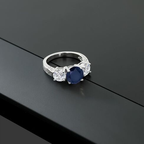 Gem Stone King 3.94 Cttw Blue Sapphire and Lab Grown Diamond 3-Stone Engagement Ring For Women | 925 Sterling Silver | Round 8MM | DEF Color | VVS-VS Clarity | Available In Size 5-9 in Saudi Arabia
