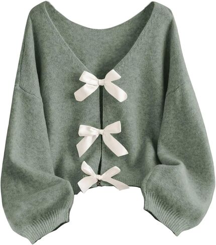 GORGLITTER Women's Plus Size Bow Cardigan Sweaters Cute Tie Front Lightweight Trendy Long Sleeve Knit Tops in Saudi Arabia