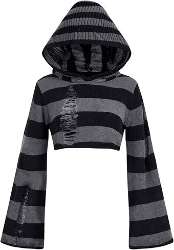 SOLY HUX Women's Striped Hooded Sweater Goth Y2k Ripped Bell Long Sleeve Knit Pullover Crop Tops in Saudi Arabia