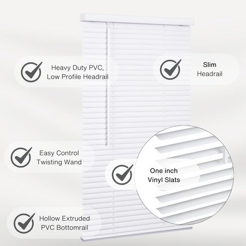 LOTUS & WINDOWARE Cordless Mini Blind, 1" Vinyl Slats, 57" Wide x 84" Long - White, Window Blinds for Home and Office, Interior Door Blinds - Light Filtering in Kuwait