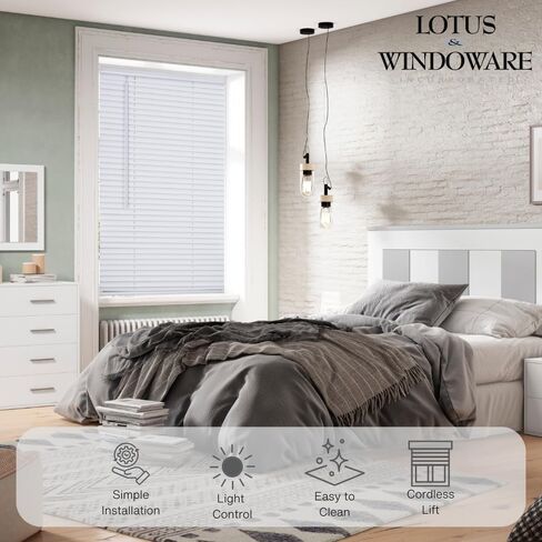 LOTUS & WINDOWARE Cordless Mini Blind, 1" Vinyl Slats, 57" Wide x 84" Long - White, Window Blinds for Home and Office, Interior Door Blinds - Light Filtering in Kuwait