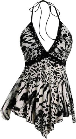Women's Leopard Halter Top Vintage Cheetah Flowy Tie Backless Asymmetrical Camisole Tops Party Club Going Out Outfits in Kuwait