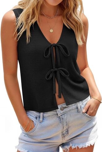 قطع علوية نسائية من الكتان بربطة أمامية بدون أكمام وفتحة رقبة على شكل V سترات صيفية للشاطئ 2026 خفيفة الوزن للخروج والإجازات Y2K in Kuwait