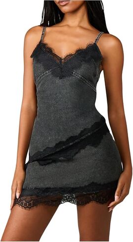MakeMeChic Women's Lace Denim Cami Top Spaghetti Strap Sleeveless Fall Y2K Jean Tops in Saudi Arabia