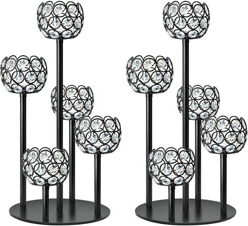 5-Arm Crystal Tealight Candelabra Centerpiece, 14.8 Inch Metal Candle Holder for Table Decor, Wedding, Christmas, Party, Anniversary & Home Decoration (1, Black, S-14.8 in) in Kuwait