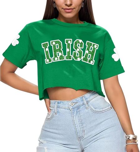 St Patricks Day Shirt Women Pattys Day Crop Top Irish Shamrock Tshirt Lucky Short Sleeve Tops in Kuwait