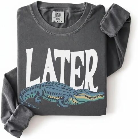 تي شيرت لاحقًا Gator Vintage 90s - قميص بأكمام طويلة بألوان مريحة وناعمة مع رسومات تمساح كلاسيكية مرحة للجنسين تي شيرت in Kuwait
