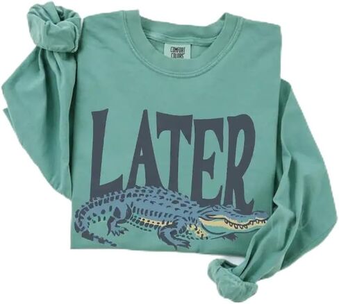 تي شيرت لاحقًا Gator Vintage 90s - قميص بأكمام طويلة بألوان مريحة وناعمة مع رسومات تمساح كلاسيكية مرحة للجنسين تي شيرت in Kuwait