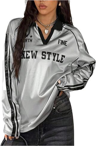 WDIRARA Women's Metallic Jersey Shirts Letter Graphic Tees Long Sleeve Collared V Neck T Shirts Streetwear in Saudi Arabia