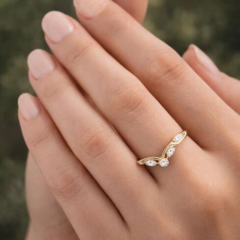 V Shape Chevron Diamond Band Engagement Ring 14K Solid Gold, Milgrain Diamond Wedding Band, Curved Wishbone Ring Dainty Promise Gift For Love in Saudi Arabia