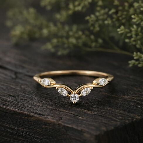 V Shape Chevron Diamond Band Engagement Ring 14K Solid Gold, Milgrain Diamond Wedding Band, Curved Wishbone Ring Dainty Promise Gift For Love in Saudi Arabia