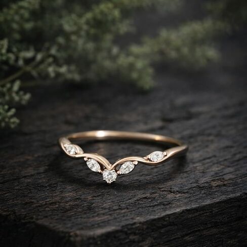 V Shape Chevron Diamond Band Engagement Ring 14K Solid Gold, Milgrain Diamond Wedding Band, Curved Wishbone Ring Dainty Promise Gift For Love in Saudi Arabia