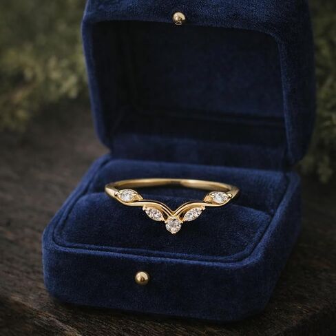 V Shape Chevron Diamond Band Engagement Ring 14K Solid Gold, Milgrain Diamond Wedding Band, Curved Wishbone Ring Dainty Promise Gift For Love in Saudi Arabia