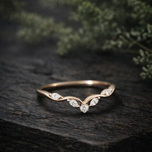 V Shape Chevron Diamond Band Engagement Ring 14K Solid Gold, Milgrain Diamond Wedding Band, Curved Wishbone Ring Dainty Promise Gift For Love in Saudi Arabia