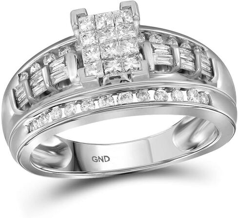 خاتم ألماس من الذهب الأبيض عيار 10 قيراط للخطوبة والزفاف للسيدات سوليتير على شكل زمرد في المنتصف غير مرئي، خاتم ألماس مستدير وقطع باغيت 6 مم (1/2 قيراط) in Kuwait