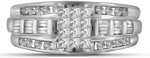 خاتم ألماس من الذهب الأبيض عيار 10 قيراط للخطوبة والزفاف للسيدات سوليتير على شكل زمرد في المنتصف غير مرئي، خاتم ألماس مستدير وقطع باغيت 6 مم (1/2 قيراط) in Kuwait