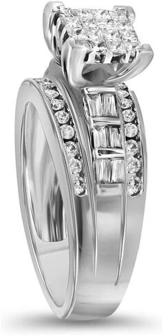 خاتم ألماس من الذهب الأبيض عيار 10 قيراط للخطوبة والزفاف للسيدات سوليتير على شكل زمرد في المنتصف غير مرئي، خاتم ألماس مستدير وقطع باغيت 6 مم (1/2 قيراط) in Kuwait