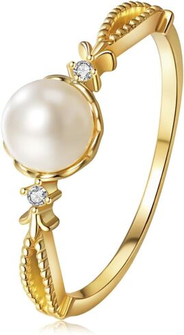 14K Gold Plated Pearl Rings for Women, Dainty Elegant Gold Rings, Pearl Rings for Women's Christmas Gifts, Engagement Rings Size 5-10 in Saudi Arabia