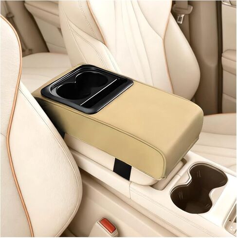 Car Center Console Armrest Pillow, Leather Vehicle Middle Console Protection Cushion with Cup & Phone Holder, Waterproof Automotive Arm Rest Box Cover Accessories, Universal Fit (Beige) in Saudi Arabia