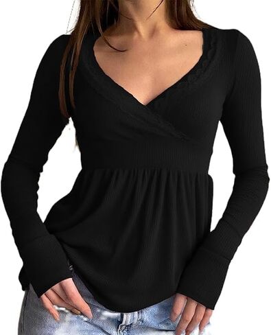 Womens Y2k Babydoll Tops Long Sleeve V Neck Lace Trim Peplum Blouse Fairy Grunge Teen Girls 00s Vintage Streetwear in Saudi Arabia