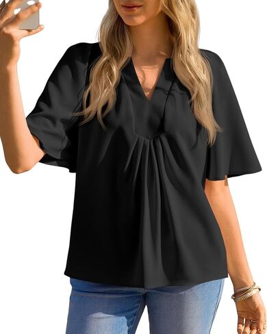 بلوزات الصيف النسائية من Cicy Bell بأكمام قصيرة وفتحة رقبة على شكل V بيبي دول ملابس علوية أنيقة غير رسمية فضفاضة تناسب الشاطئ قمصان ذات ثنيات in Kuwait