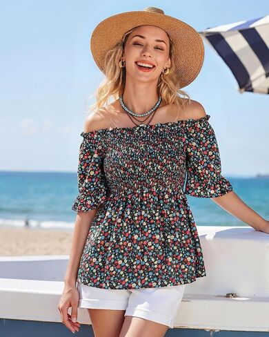 Off The Shoulder Peplum Blouses for Women Dressy Casual Smocked Summer Tops Boho Vacation in Saudi Arabia